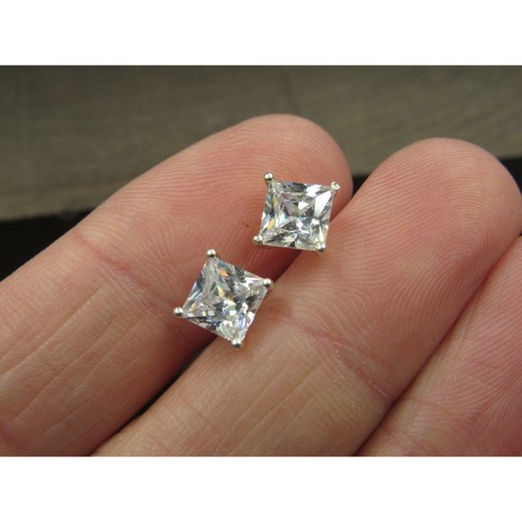 Sterling Silver Simple Brilliant Square Clear Gem CZ Stud Earrings - Picture 2 of 6